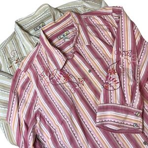 Set of 2 Caribbean Joe Womens 2X Embroidered Button Up Tops Cotton Mature Casual